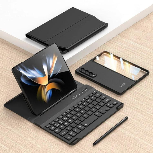 Magnetic Folding Bluetooth Keyboard Case for Samsung Galaxy Z Fold 4 shown with detachable keyboard, protective folio cover and stylus for mobile productivity