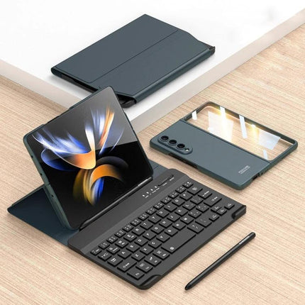 Magnetic Folding Bluetooth Keyboard Case for Samsung Galaxy Z Fold 4 shown with detachable keyboard, protective folio cover and stylus for travel productivity