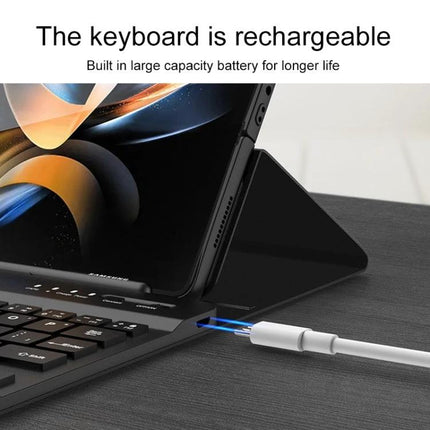 Magnetic Folding Bluetooth Keyboard Case for Samsung Galaxy Z Fold 4 showing rechargeable keyboard with USB-C charging cable connected