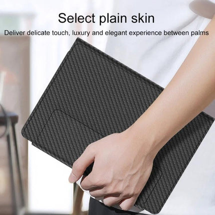 Magnetic Folding Bluetooth Keyboard Case for Samsung Galaxy Z Fold 4 in carbon fiber texture held by hand, protective folio for travel and productivity