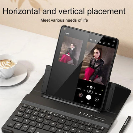 Magnetic Folding Bluetooth Keyboard Case for Samsung Galaxy Z Fold 4 shown in vertical and horizontal placement with built-in keyboard for typing and video calls