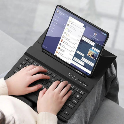 Magnetic Folding Bluetooth Keyboard Case for Samsung Galaxy Z Fold 4 shown in use with hands typing and phone in stand