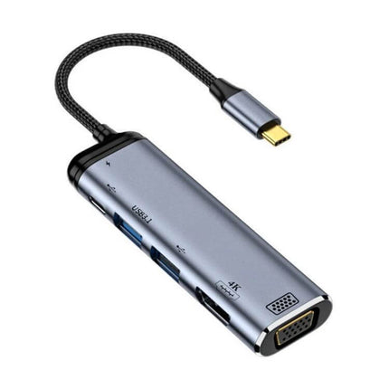 6-in-1 Type-C Multi-Function Adapter for Device Connectivity slim aluminum hub with VGA, HDMI, USB and charging port for laptop and travel