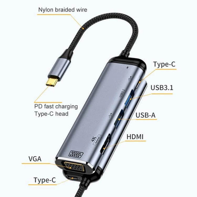 6-in-1 Type-C Multi-Function Adapter for Device Connectivity — compact hub with HDMI, USB-A, USB3.1, VGA, Type-C PD fast charging, nylon braided cable