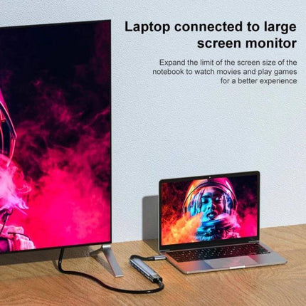 6-in-1 Type-C Multi-Function Adapter for Device Connectivity connecting laptop to 4K monitor, charging and file transfer hub