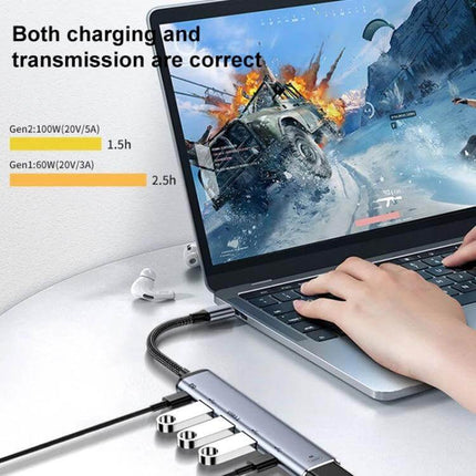 6-in-1 Type-C Multi-Function Adapter for Device Connectivity showing laptop connected to a 4K monitor, charging and multiple USB drives