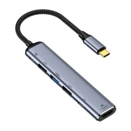 USB-C Multi-Function Adapter for HDMI Display and Charging in aluminum alloy with braided cable, HDMI port and multiple USB ports