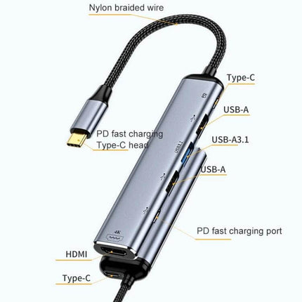 USB-C Multi-Function Adapter for HDMI Display and Charging with HDMI, Type-C PD charging and multiple USB-A ports in aluminum alloy