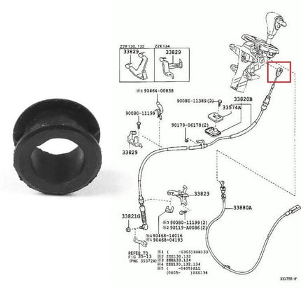 Toyota Corolla Gear Shifting Cable End Connector Bushing rubber replacement shown with shift cable diagram, fits Corolla 2003–2008