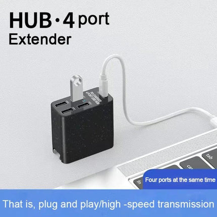 Multi-Port USB-C Hub for Everyday Device Connections black 4-port extender plugged into laptop, compact portable cable organizer