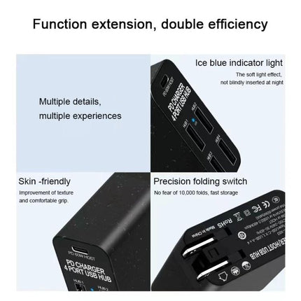 Multi-Port USB-C Hub for Everyday Device Connections showing black compact hub with multiple ports, indicator light, and foldable design