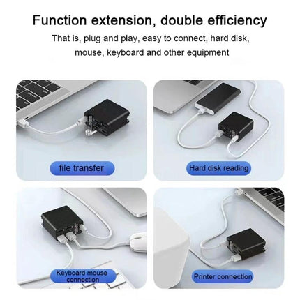 Multi-Port USB-C Hub for Everyday Device Connections black hub connected to laptop showing file transfer, hard disk reading, keyboard mouse and printer connections