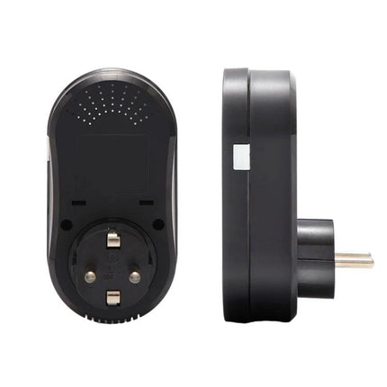 LCD Thermostat for Home Heating and Cooling Systems with EU Plug shown from front and side, black LCD smart thermostat with EU plug, mobile app control