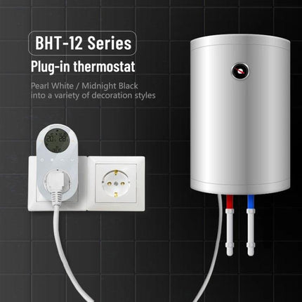 LCD Thermostat for Home Heating and Cooling Systems with EU Plug shown plugged into wall controlling a water heater via mobile app scheduling