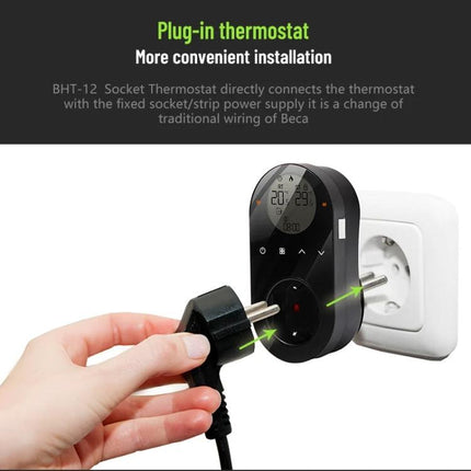 LCD Thermostat for Home Heating and Cooling Systems with EU Plug shown plugged into EU wall socket with mobile app control