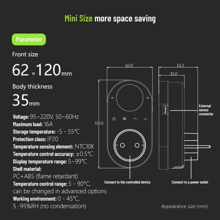 LCD Thermostat for Home Heating and Cooling Systems with EU Plug compact dimensions diagram showing 62x120mm front, 35mm thickness and technical specs