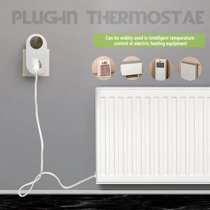 LCD Thermostat for Home Heating and Cooling Systems with EU Plug mounted on wall controlling radiator via mobile app for energy-saving schedules