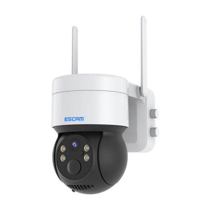 ESCAM QF170 Solar-Powered Outdoor Security Camera with Night Vision mounted white and black outdoor camera showing solar panel, antennas, and night vision LEDs