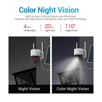 ESCAM QF170 Solar-Powered Outdoor Security Camera with Night Vision showing color night vision, 20m IR range, 110° view and solar panel