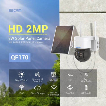 ESCAM QF170 Solar-Powered Outdoor Security Camera with Night Vision mounted with solar panel showing night vision and two-way audio features