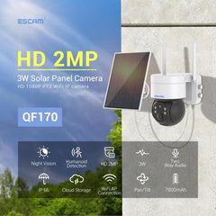 Eco-Friendly Solar-Powered ESCAM QF170 2MP HD WiFi Security Camera with Night Vision and Two-Way Audio