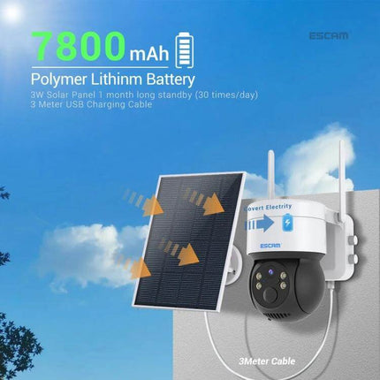 ESCAM QF170 Solar-Powered Outdoor Security Camera with Night Vision mounted with 7800mAh solar panel and 3 meter cable for continuous outdoor surveillance