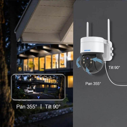 ESCAM QF170 Solar-Powered Outdoor Security Camera with Night Vision mounted showing pan 355° tilt 90° and mobile app remote view