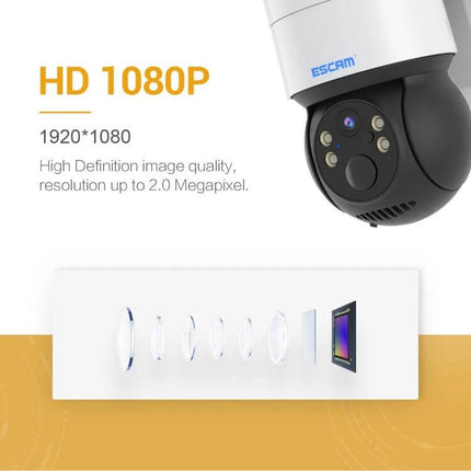 ESCAM QF170 Solar-Powered Outdoor Security Camera with Night Vision showing HD 1080P lens and solar-ready outdoor design