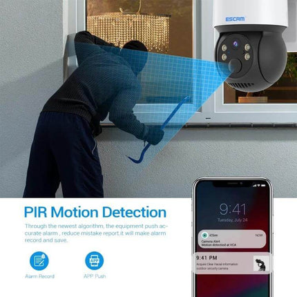 ESCAM QF170 Solar-Powered Outdoor Security Camera with Night Vision capturing motion detection of intruder at window, solar panel and mobile app alert