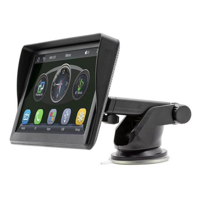7 Inch Wireless Apple CarPlay Multimedia Player for In-Car Use mounted on adjustable car dashboard suction cup holder
