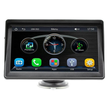 7 Inch Wireless Apple CarPlay Multimedia Player for In-Car Use showing home screen with navigation, music, phone and apps icons