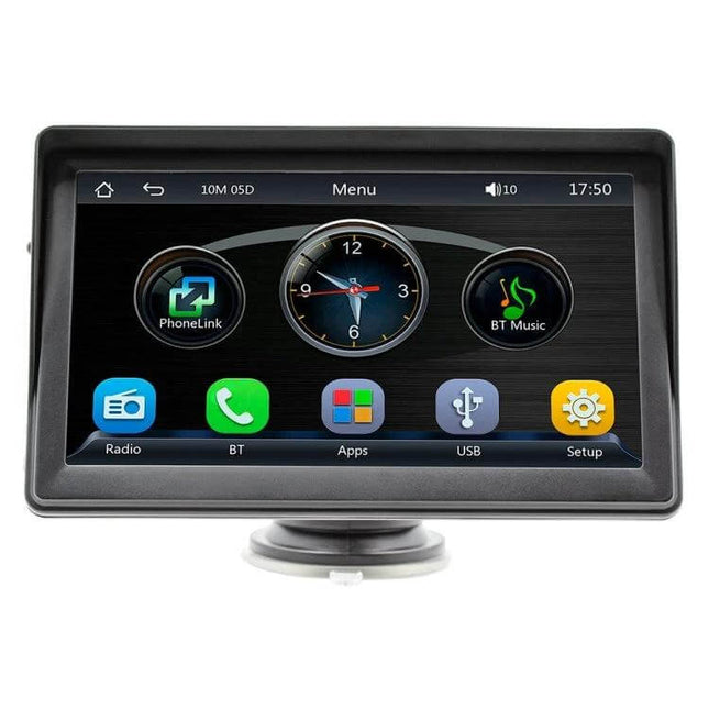 7 Inch Wireless Apple CarPlay Multimedia Player for In-Car Use mounted touchscreen showing apps, clock, PhoneLink and BT Music icons