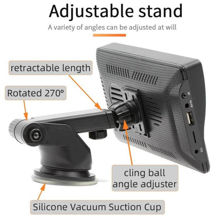 7 Inch Wireless Apple CarPlay Multimedia Player for In-Car Use showing adjustable stand with silicone vacuum suction cup and 270° rotation