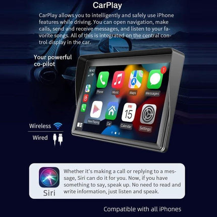 7 Inch Wireless Apple CarPlay Multimedia Player for In-Car Use shown mounted with app icons, wireless and wired connectivity, Siri support