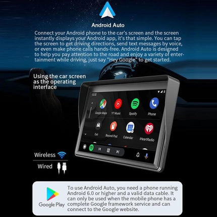 7 Inch Wireless Apple CarPlay Multimedia Player for In-Car Use showing screen with Android Auto and wireless wired connectivity