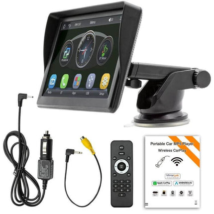7 Inch Wireless Apple CarPlay Multimedia Player for In-Car Use mounted with cables, remote and suction cup stand
