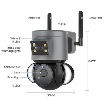 Smart Outdoor Security Camera with Two-Way Audio and Night Vision showing antennas, LEDs, lens, floodlight and dimensions