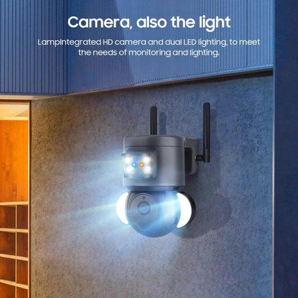Smart Outdoor Security Camera with Two-Way Audio and Night Vision mounted on exterior wall with motion-activated lights and night vision monitoring