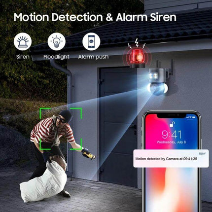 Smart Outdoor Security Camera with Two-Way Audio and Night Vision monitoring driveway with motion detection, floodlight, siren and mobile alert