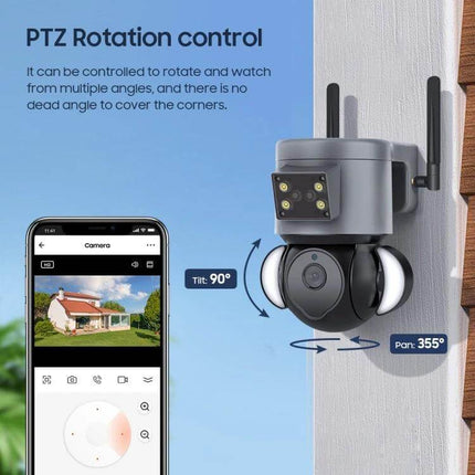 Smart Outdoor Security Camera with Two-Way Audio and Night Vision mounted showing PTZ rotation, night LEDs, and phone app live view