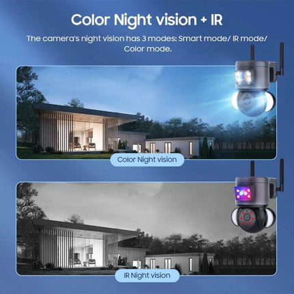 Smart Outdoor Security Camera with Two-Way Audio and Night Vision showing color night vision and IR mode monitoring a modern house