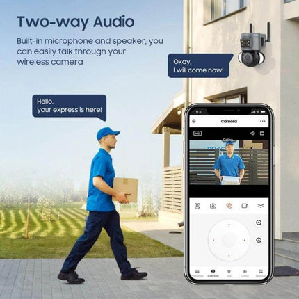 Smart Outdoor Security Camera with Two-Way Audio and Night Vision showing delivery person, live mobile view and two-way audio interaction