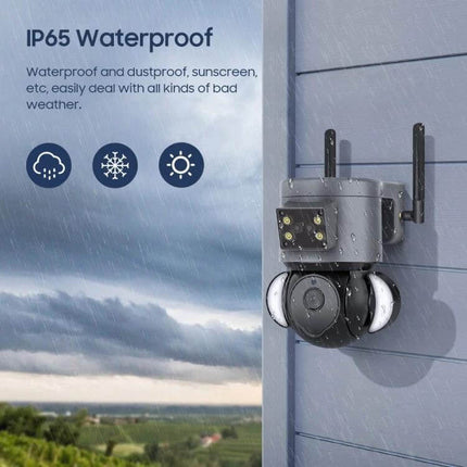 Smart Outdoor Security Camera with Two-Way Audio and Night Vision mounted outdoors in rain, showing IP65 waterproof housing and motion-detection lights