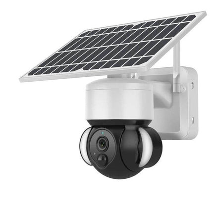 Solar-Powered Outdoor Floodlight Security Camera with Motion Detection mounted on wall showing solar panel and adjustable floodlight camera