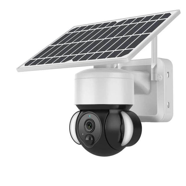 Solar-Powered Outdoor Floodlight Security Camera with Motion Detection mounted on wall showing solar panel and adjustable floodlight camera