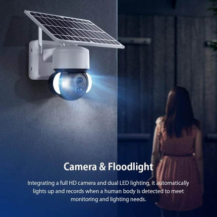 Solar-Powered Outdoor Floodlight Security Camera with Motion Detection mounted on wall illuminating person at night