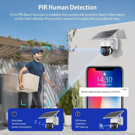 Solar-Powered Outdoor Floodlight Security Camera with Motion Detection showing PIR human detection, solar panel, smartphone alert and night illumination