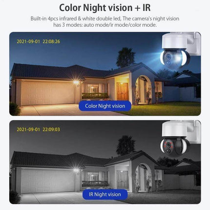 Solar-Powered Outdoor Floodlight Security Camera with Motion Detection showing color night vision and IR night vision views of a house