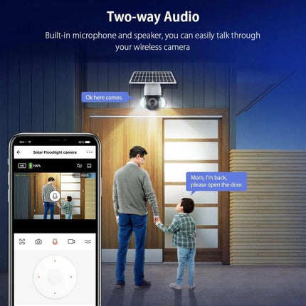 Solar-Powered Outdoor Floodlight Security Camera with Motion Detection showing two-way audio and app live view monitoring a parent and child at a lit doorway