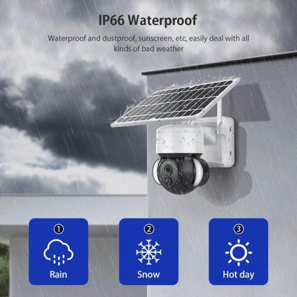 Solar-Powered Outdoor Floodlight Security Camera with Motion Detection mounted on wall with solar panel in heavy rain showing IP66 waterproof durability
